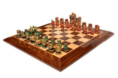 Ambawari Series Chess Set Green, Gold & Red Stained 3.5″ King with 2″ Square Beveled Chess Board