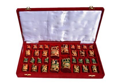 Ambawari Series Chess Set Green, Gold & Red Stained 3.5″ King with 2″ Square Beveled Chess Board