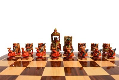 Ambawari Series Chess Set Green, Gold & Red Stained 3.5″ King with 2″ Square Beveled Chess Board