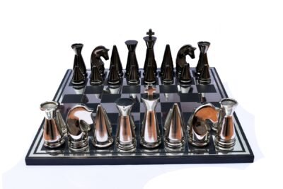 Art Beauty Chess Set Silver & Black Coated Solid Aluminum 4″ King with 14″ Chess board