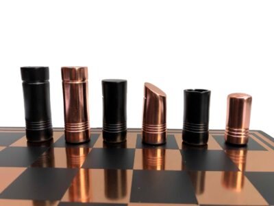 Classical Art Series chess set Rose-gold & Black Coated Alluminum 13″ x 13″ with 2.5″ Chess Pieces