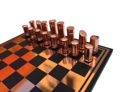 Classical Art Series chess set Rose-gold & Black Coated Alluminum 13″ x 13″ with 2.5″ Chess Pieces