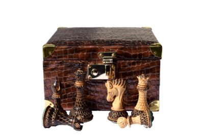 Crocodile brown leatherette chess pieces storage box for 3.75″ King to 4.5″ King