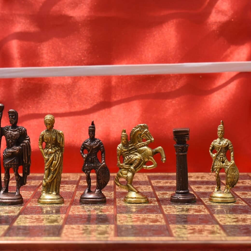 Roman Art Series Chess Set Solid Natural Brass & Copper Color Brass 3.25″ King with Chess Board & chess storage
