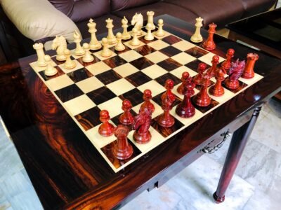 The Victoria Series Luxury Chess Table & Master Series Chess Pieces American Maple & Golden Grain Rosewood 2.5″ Square